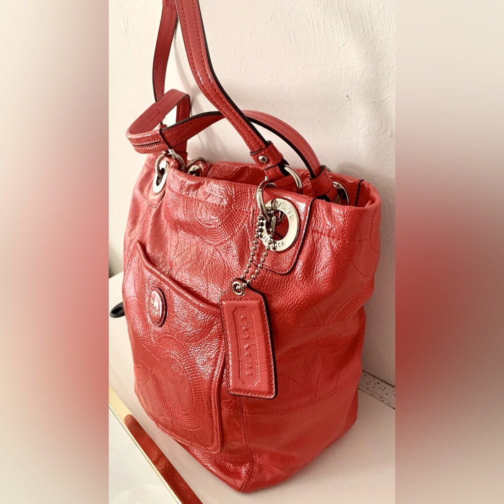 COACH Bag NEW (never used) 2012 Coral Orange Tote Silver Hardware Logo hangtags - Picture 2 of 13